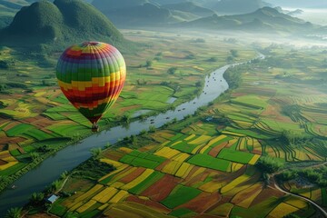 A stunning scene of a hot air balloon flying gracefully over a picturesque, vibrant green valley, A hot air balloon ride over a patchwork of colorful fields and rivers, AI Generated