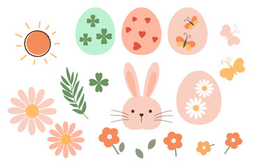 Bunny rabbit cartoon, daisy flower, sun, Easter eggs, butterfly and clover leaf icon sign isolated on white background vector.