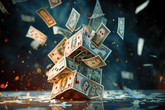 A pile of money is seen floating on top of the water, creating a unique and captivating image, A house of cards collapsing under a shower of money presenting economic instability, AI Generated