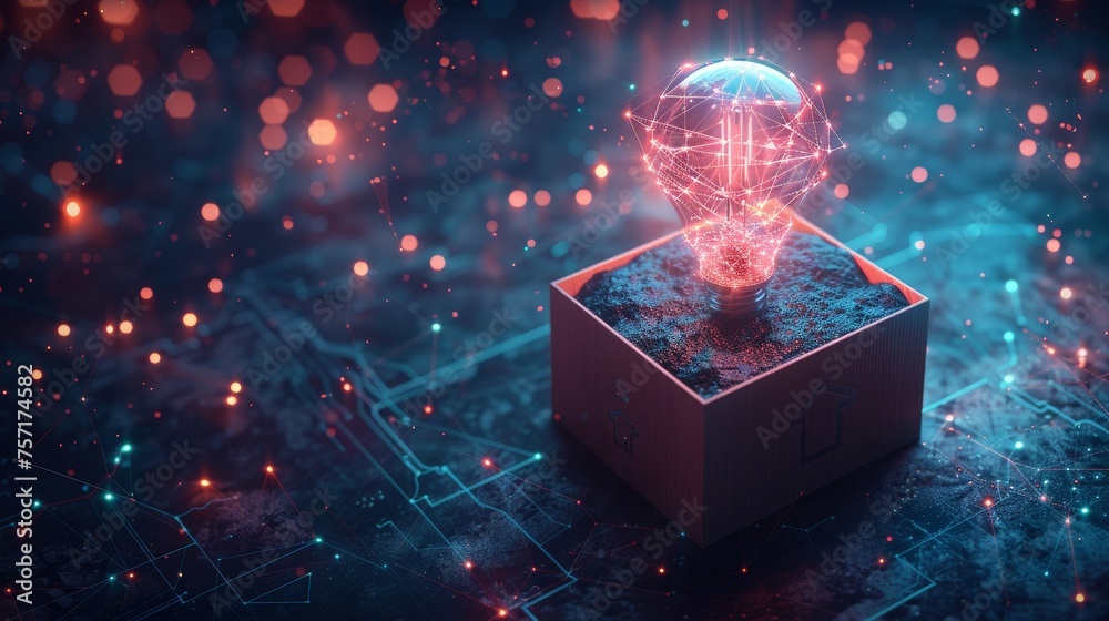 Aufkleber The abstract open box with light bulb. Thinking outside the box design. Simple low poly style. Geometric background. Wireframe light connection structure. Modern 3D graphic concept. Isolated