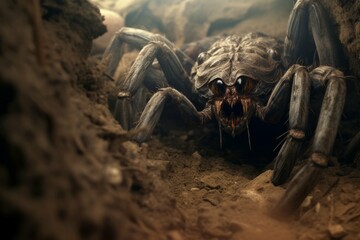A giant spider crawling out of a hole in the ground. - obrazy, fototapety, plakaty