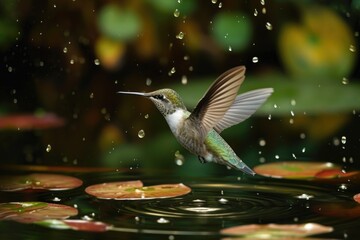 Fototapeta premium A vibrant hummingbird gracefully glides above the water, with lily pads creating a serene backdrop, A hummingbird delicately flying over a pond, peering down at the fish below, AI Generated