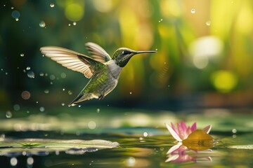 Obraz premium A vibrant hummingbird gracefully hovers over a peaceful pond, with a beautiful flower in the background, A hummingbird delicately flying over a pond, peering down at the fish below, AI Generated