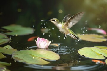 Obraz premium A beautiful hummingbird captured in mid-flight as it hovers above lily pads in a serene pond, A hummingbird delicately flying over a pond, peering down at the fish below, AI Generated