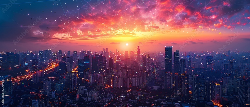 Aufkleber At night, a modern city with wireless network connections and city landscape is seen with a wireless network connection. Wireless network and connection technology concept in the background of a city