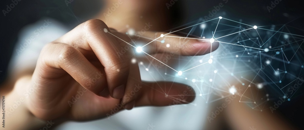 Poster Data scientist hand touching next generation technology on digital data networks, Internet networks, software development, algorithms, and metaverse.