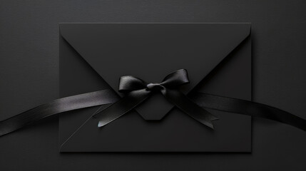 Aesthetic elegant black envelope invitation with ribbon for gala event. Greeting concept. Copy space. Generative AI - obrazy, fototapety, plakaty