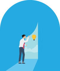 Business creativity and finding solution vector concept with businessman opening Curtain trying to get some new ideas, innovations, inventions

