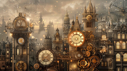 A whimsical steampunk cityscape, with brass gears and clockwork mechanisms adorning buildings against a backdrop of sepia tones.