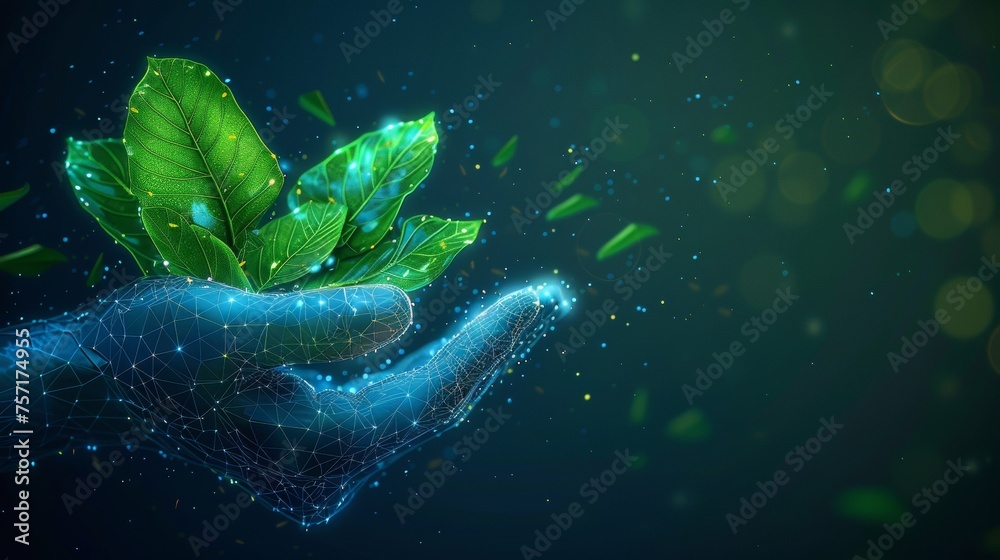 Aufkleber a low poly style design with falling leaves. blue geometric background. wireframe design for light c