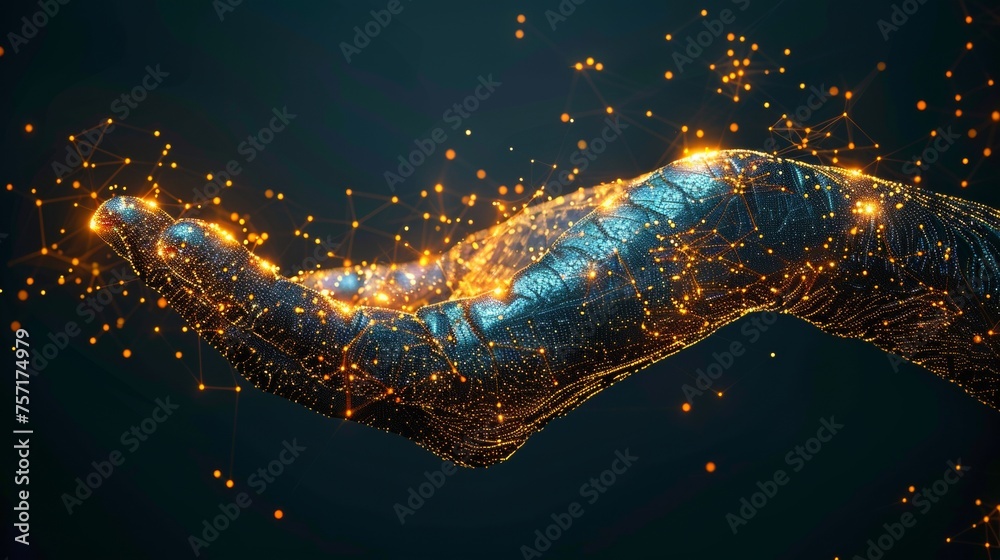 Fototapete tossing coins with an abstract polygonal hand isolated against a white background. wireframe illustr