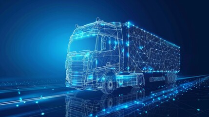 Isolated on blue. Abstract  3d heavy lorry van. Highway road. Global freight shipping. Delivery vehicle, digital cargo logistics concept.