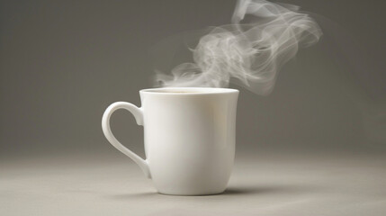 A white ceramic mug filled with aromatic herbal tea, steam rising in wisps