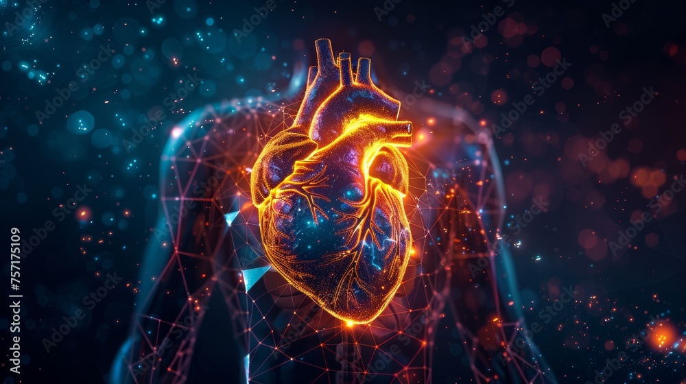Poster isolated heart with pain center on low poly wireframe background. 3d polygonal human body and organs