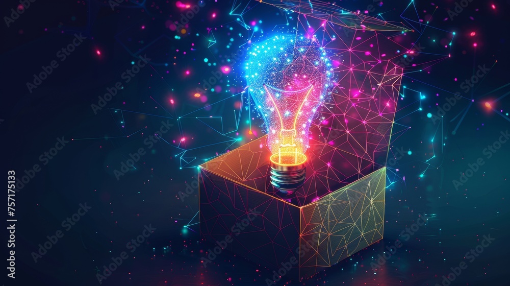 Poster The abstract open box with a light bulb. Think outside the box. A low poly graphic design with a geometric background and a wireframe light connection structure. Graphic design concept in 3d. Isolated