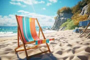 a beach with a beach chair, with its bright colors creating a cozy atmosphere and inviting viewers to relax