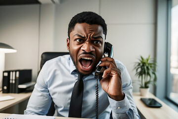 A businessman talking furiously on the phone.  Anger management concept