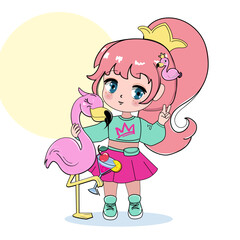 Beautiful little cartoon girl with summer flamingo. Anime style, pink hair and big eyes. Summer concept. Modern trend for kids, t-shirt design print. Little chibi girl