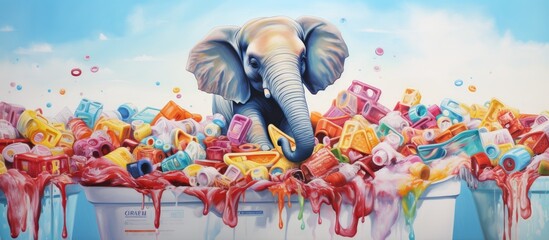 The elephant is happily standing amidst a pile of toys, creating a fun and leisurely environment. Its playful gesture adds charm to the scene