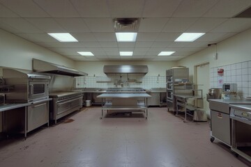 A photo showcasing a large commercial kitchen filled with shiny stainless steel appliances, A larger-than-life panorama of an empty catering kitchen, AI Generated