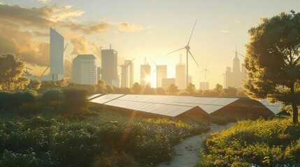 Sustainable energy concept with a beautiful sunset background. Frameless solar panels, battery energy storage facility, wind turbines and a large city with skycrapers at the back. - obrazy, fototapety, plakaty