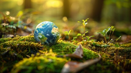 European and African globes on moss in a forest - concept of the environment - obrazy, fototapety, plakaty