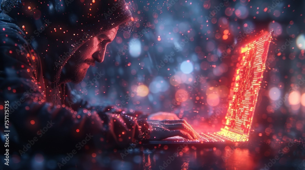 Poster Using a binary code digital interface on an abstract laptop, a hacker is using malware and hacking techniques.