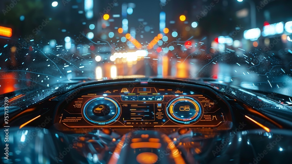Poster Vehicle HUD (Heads up Display). GUI (Graphical User Interface). Future car technology.