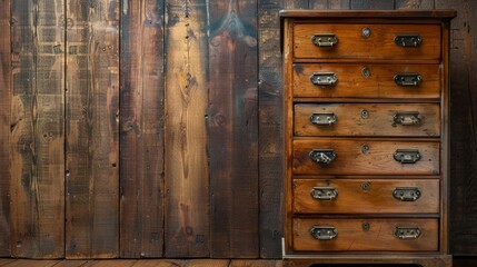 A wooden dresser stands elegantly next to a wooden wall, showcasing natural beauty and craftsmanship