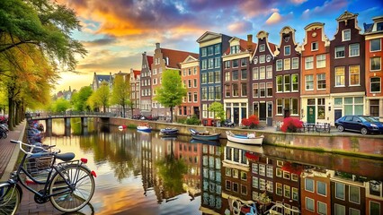 Scenic Amsterdam Canals with Bicycles and Colorful Houses - obrazy, fototapety, plakaty