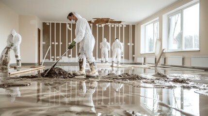 A dedicated team of individuals clad in white hazmat suits diligently removes mud and debris from inside a flood-ravaged house, working tirelessly to aid in the post-disaster cleanup efforts