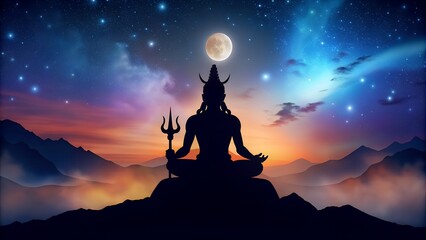Spiritual Silhouette: Lord Shiva Meditating at Night   Tranquil Image of Divine Meditation