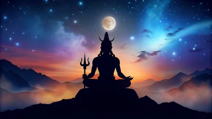 Fototapeten Spiritual Silhouette: Lord Shiva Meditating at Night   Tranquil Image of Divine Meditation © PhotoPhreak