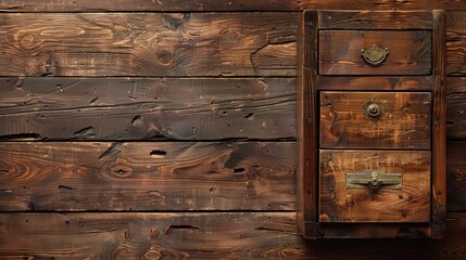 A wooden wall adorned with two drawers and a door, inviting curiosity and exploration