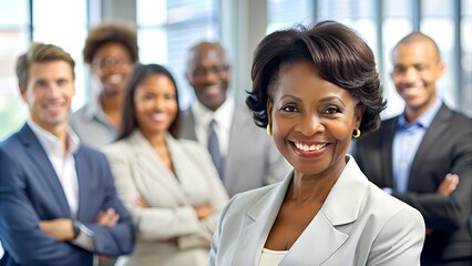 Fototapeta premium Professional Black Businesswoman Leading Diverse Team in Office - Corporate Collaboration