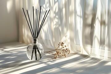 A glass diffuser bottle with black rattan sticks, minimalism, concept quiet luxury. Sunlight from window. Concept aromatherapy and relaxing. Air freshener. Copy space for text.  - obrazy, fototapety, plakaty