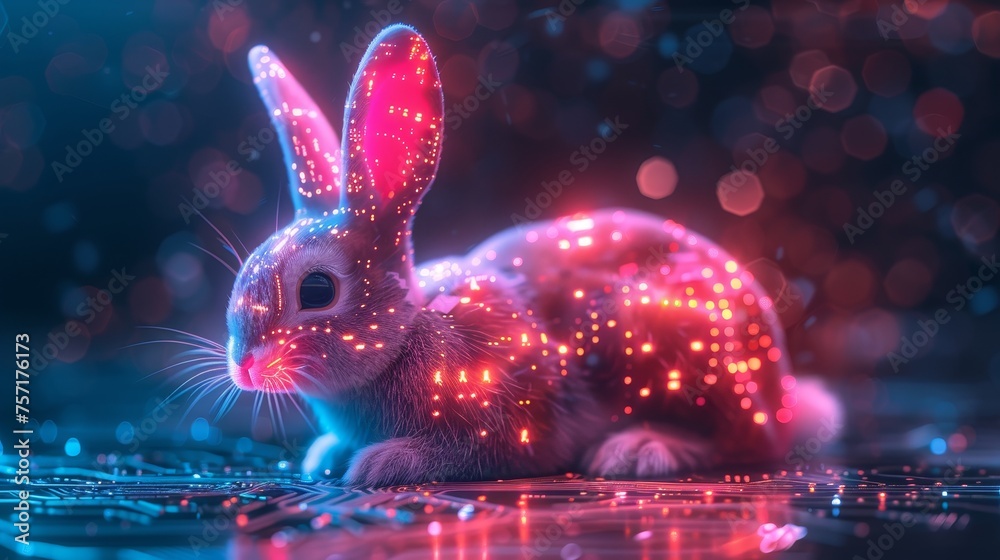 Poster 3D model of hare ears with a pattern of computer boards. Easter neon bunny with glowing futuristic style.