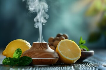 oil diffuser with steam on the table, nearby lie lemon and mint, minimalism, copy space for text, blurred blue background. Concept aromatherapy and relaxing. Air freshener.  - obrazy, fototapety, plakaty