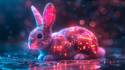 Fototapeta na wymiar 3D model of hare ears with a pattern of computer boards. Easter neon bunny with glowing futuristic style.