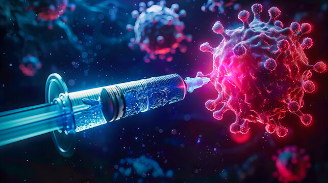 Viral Infection and Science Research, Medical Illustration of Virus Cells, Immune Response and Vaccination Concept - Powered by Adobe