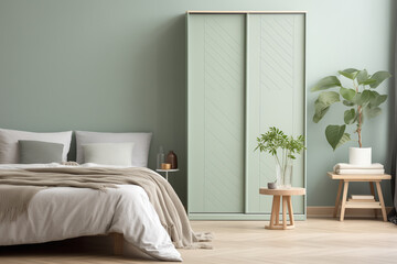 Contemporary bedroom design with pastel green wardrobe, fresh plants, and neutral toned bedding