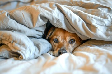 Obraz premium A very cute dog crawled under the covers and touchingly misses his owner.