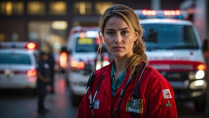  a young female physician or emergency medical technician standing in front of an ambulance, surrounded by emergency equipment. 
