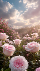 Blooming Garden: Pink Roses and Daisies Under Blue Sky