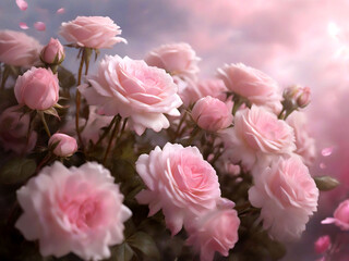 Blooming Garden: Pink Roses and Daisies Under Blue Sky