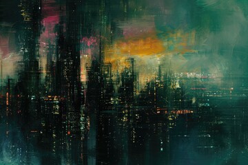 A stunning painting capturing the essence of a cityscape, with towering buildings in the background, A loosely interpreted futuristic cityscape in abstract style, AI Generated