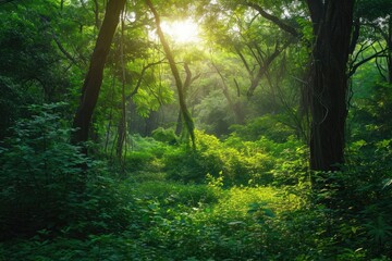 The sun beams through the trees, casting a tranquil and captivating light in the forest, A lush green forest under a mid-day sun, AI Generated