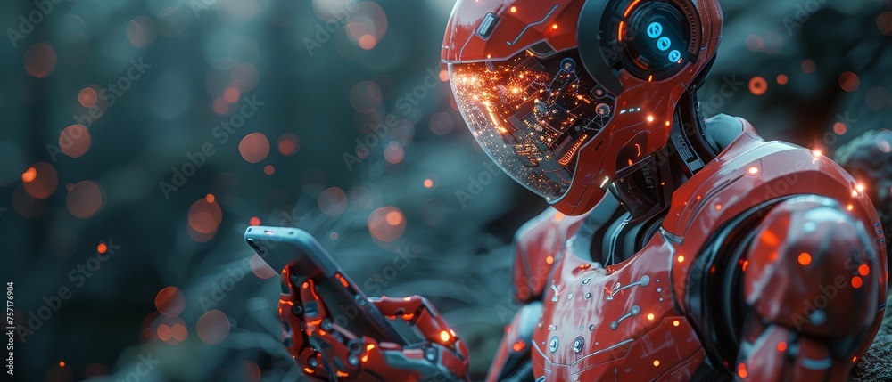 Leinwandbilder Robot looking at logo - AI hanging over phone in hand. Conceptual vertical banner of artificial intelligence technology. Robot analysing big data.