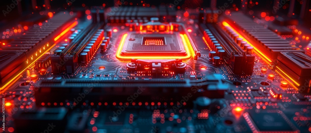 Leinwandbilder upgrade or repair of gaming computer in the dark with neon lights on the cpu, cooler, ram boards. co