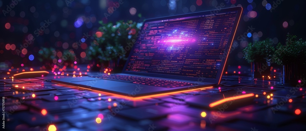 Poster Web development, programming coding, program code on screen laptop, data, interface elements on screen laptop. Software development tech concept.